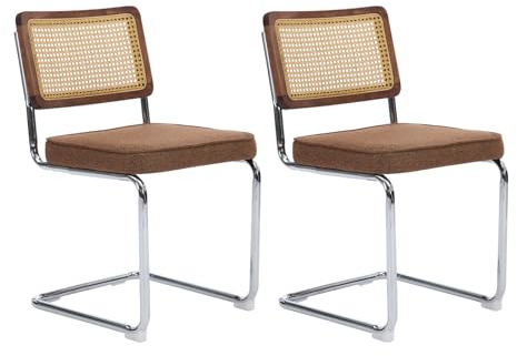 Shenyon Coffee Linen Rattan Dining Chairs Set of 2, Mid Century Cantilever