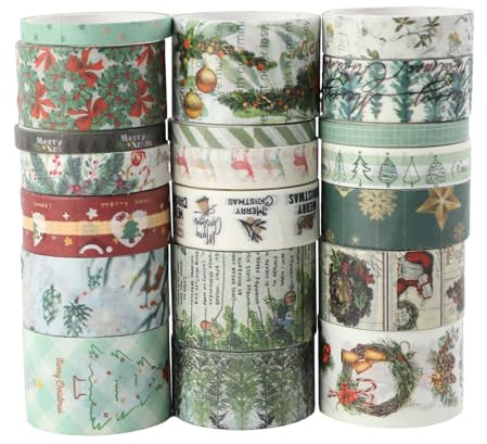 Fyfjur 20 Rollen Washi Tape Weihnachten, Washi Tape Set Selbstklebendes, Klebeband Bunt für DIY Weihnachten Handwerk, Scrapbooking, Geschenkverpackung (5mm/10mm/15mm/20mm/25mm)