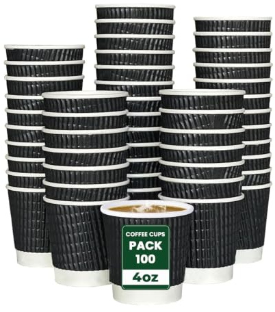 ECONX 100 X 4oz Kraft Paper Coffee Cups Black - Triple Walled Disposable Espresso Insulated Kraft Ripple Paper Cups -Great for Hot & Cold Beverage Drinks, Tea, Cappuccino Cold Takeaway Coffee Tea Cup