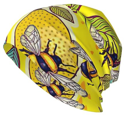 cchgnm Beanie-Mütze mit gelbem Zitronen- und Bienenmuster, Winter-Strickmütze, lässige Totenkopfmütze, weiche Strick-Skimütze, stilvolle Beanies für Damen und Herren.