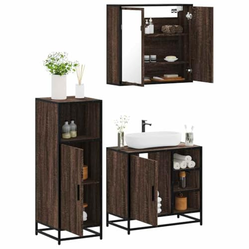 Holamys 3-TLG. Badmöbel-Set Braun Eichen-Optik, Holzwerkstoff, 65x33x60cm Waschbeckenunterschrank, Robust, für Badezimmer Stauraum
