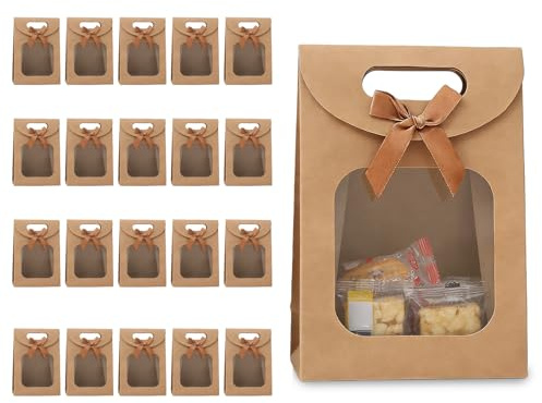 Ztolbriy 20 Stück Papiertüten mit Fenster, 16 * 12 * 6cm Braune Kraftpapier Tüten mit Griffen, Geschenktüten mit Sichtfenster zum Verpacken von Keksen, Süßigkeiten, Bankett Geschenken & Pralinen