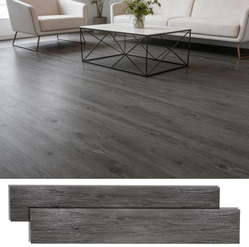 Floor Tiles Self Adhesive, Real Wood Look, Waterproof, Easy DIY Makeover | 36Pcs/5.02m² Vinyl Flooring, Wood Effect Peel and Stick Flooring for Bedroom Living Room Kitchen Bathroom Office(Dark Gray)