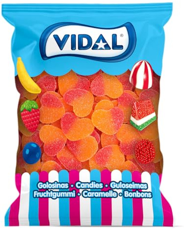 Vidal Golosinas. Melocotones Azúcar. Gominolas en forma de corazón bicolor con sabor melocotón y fina cobertura de azúcar. Colores rojo y naranja. Sin gluten ni grasa. Bolsa 167 u