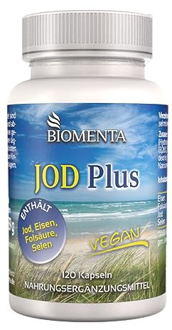 BIOMENTA Jod Plus – 120 Kapseln hochdosiert - Wirkstoffkomplex mit Selen, Folsäure, Eisen - vegan - Premiumqualität