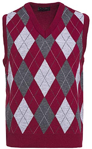 Guv'nors Men's Knitted Sleeveless Tank Top V-Neck Slipover – Classic Diamond Pattern Pullover Sweater Vest for Casual, Office & Golf Wear, Large, Maroon