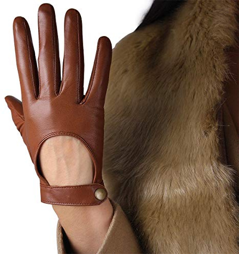 DooWay Women's Real Leather Driving Gloves Touchscreen Genuine Lambskin Open Back Full Finger for Motorcycle Cycling, Brown