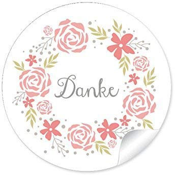 72 STICKER: Danke Edle Etiketten im Retro-Vintage-Style in Apricot/rosa mit Rosenkranz (A4 Bogen) • Papieraufkleber (Aufkleber im Format 4 cm, rund, matt) Zum Danke sagen für jeden Anlass