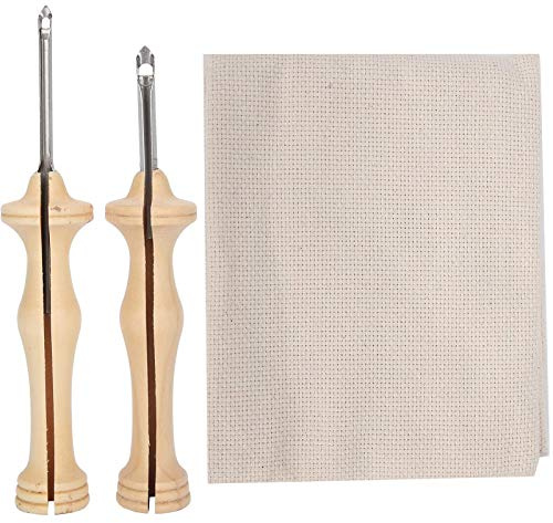2Pcs Stickstanznadel Set mit Mönchsstoff, Stickerei Punch Nadel Werkzeuge Set mit Holzgriff für DIY Bastelfaden und Garn