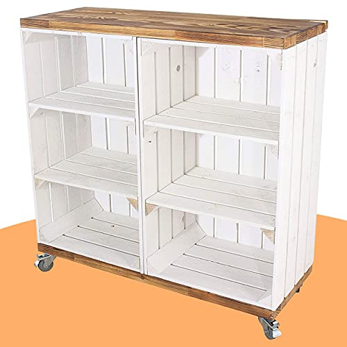 Truhenking Regal aus 2 hohen weißen Kisten mit 2 Mittelbrettern und geflammten Bohlenbrett auf Rollen 79x80x31cm Obstkisten Weinkisten