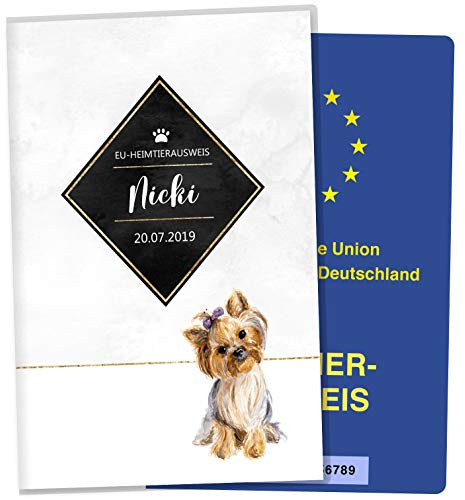 OLGS EU-Heimtierausweis Hülle Golden Touch Yorkshire Terrier Design, Tierausweis Schutzhülle personalisierbar mit Name
