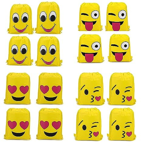 RoadLoo Bolsas de Cuerdas Dibujos, 16 Piezas Emoji Mochilas Amarillo Deporte Gimnasio Backpack para niños Regalo de Fiesta de cumpleaños favores Decoraciones