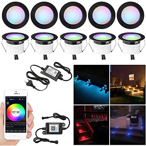 Set de 10 focos led Bluetooth RGBW, empotrables en el suelo, uso en exteriores, 1 W, diámetro de 45 mm, IP67, resistentes al agua, para terraza y jardín, set completo de lámparas led en color negro