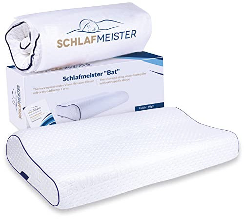 Schlafmeister Bat Oreiller cervical - Fabriqué en Europe - Oreiller thermorégulateur avec forme orthopédique - Coussin cervical (60 x 30 x 12/10 cm)