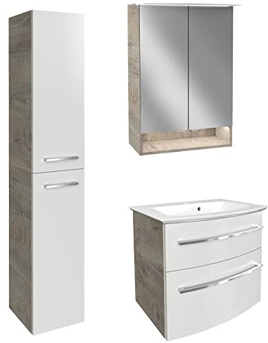 FACKELMANN Badmöbel Set B.Style 4-TLG. Dunkelbraun-weiß Badschrank Links & Mineralgusswaschbecken & LED Spiegelschrank - Made in Germany