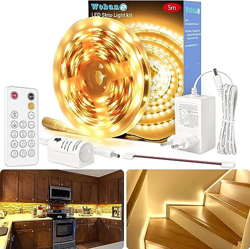 WOBANE LED Strip mit Bewegungsmelder,5m LED Streifen Warmweiss Dimmbar,12V Flexibel LED Band mit RF Fernbedienung,LED Nachtlicht mit Lichtsensor für Kleiderschrank,Treppe,Bett,Küche,Schrank,3000K