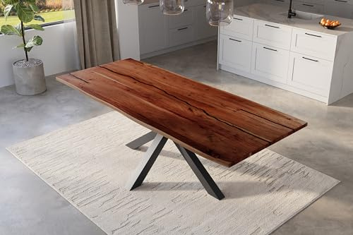 SAM Esstisch Polly Epoxy 300x100 cm Akazie nussbaum Spider-Gestell schwarz | Baumkantentisch massiv, Akazienholz nussbaumfarben, 26 mm Tischplatte, echte Baumkante, Epoxidharz-Adern in Schwarz