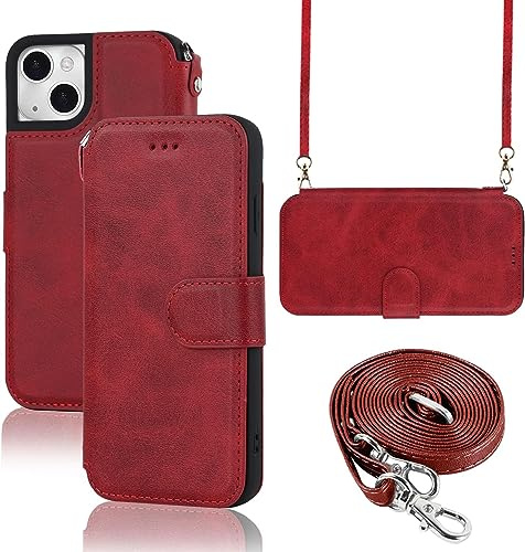 ELTEKER Hülle für iPhone 13 Handyhülle mit Band Crossbody Strap, Klapphülle mit dem Verstellbaren Umhängeband - Rot
