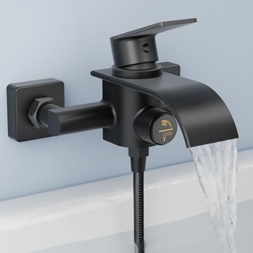 KULACO Badewannenarmatur Wasserfall Schwarz, Mischbatterie Badewanne