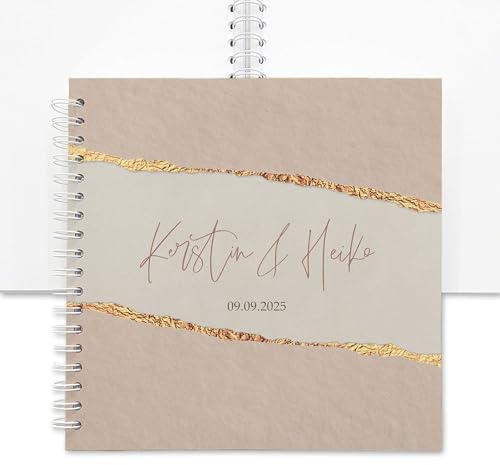 Feenstaub Gästebuch Hochzeit personalisiert rosegold, 25x25 cm, Ringbuch blanko mit Spiralbindung, Hochzeitsgästebuch schlicht, Fotoalbum roségold