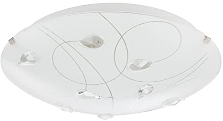 Happy Homewares Traditional Classic Opal White Glass Flush Ceiling Light with Transparent Crystal Droplets | 2 x 40w E27 | 8cm x 30cm | IP20 Rated