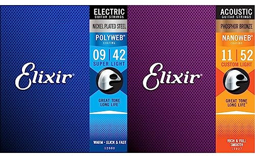 Elixir® Saiten E-Gitarrensaiten mit POLYWEB® Beschichtung, Super Light (.009-.042) & 16027 Saiten Phosphor Bronze Akustik-Gitarrensaiten mit NANOWEB Beschichtung, Custom Light (.011-.052)