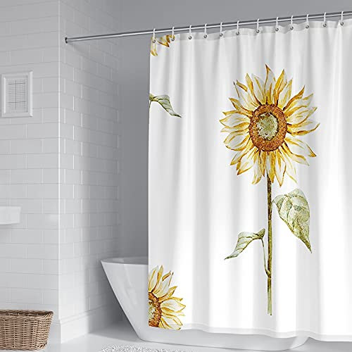 BCughia Duschvorhang Weiß, Duschvorhang Muster Sonnenblumenmuster mit Pflanzenmotiv Polyester Shower Curtains 165x180cm(66 Wx72 H) Rideau De Douche Decor