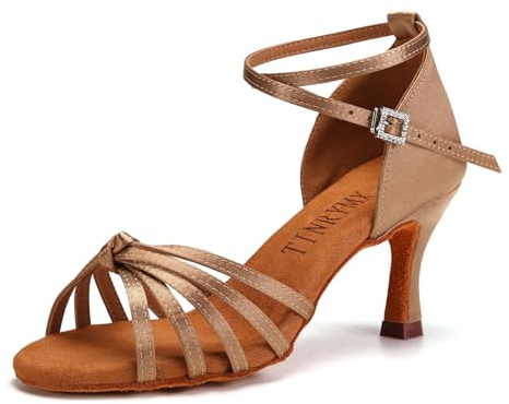 TINRYMX Scarpe da Ballo Latino Donna Raso Professionali Pratica Balli Latini Moderni e Tango Scarpe da Ballo,EM217-Beige-7cm,37 EU