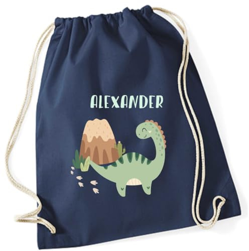 minimutz Turnbeutel Dinosaurier mit Namen personalisiert - Kinder Stoffbeutel Rucksack zum Zuziehen - Sportbeutel zum Zuziehen - 12L - 37x46cm (dunkelblau)