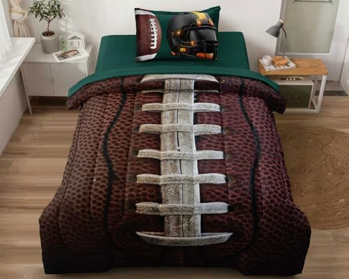 Leaflin Teen Boy Football Bedding Set Twin Size, 4 Pieces American Football Comforter Set Twin, Kids Sports Bedding Bed in a Bag Set, Green Brown