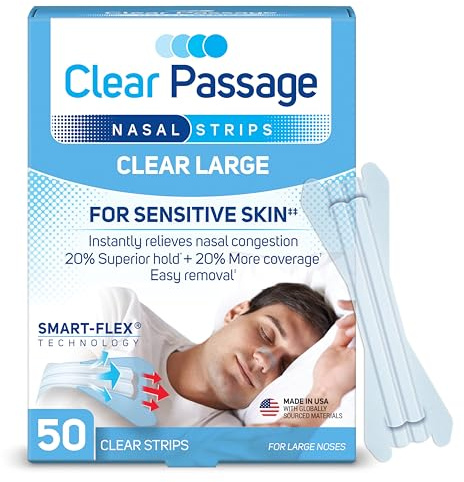 Clear Passage Nasal Strips Large, Clear, 50 ct | Works Instantly to Improve Sleep, Reduce Snoring, Relieve Nasal Congestion Due to Colds & Allergies