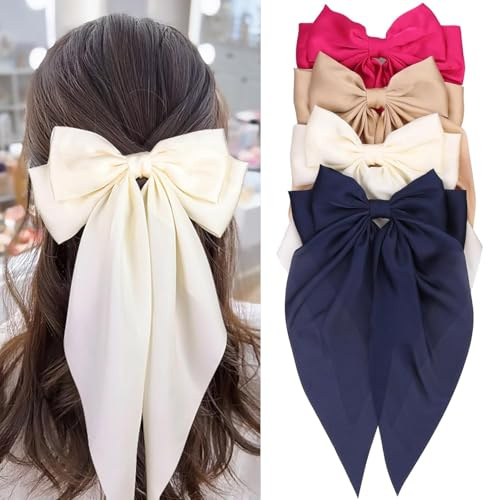 Kesfey Set mit 4 Haarspangen mit großem Knoten für Frauen, französische Haarklemmen mit Band und weichem, seidenmattem Satin-Band in einheitlicher Farbe (khaki, marineblau, rosa und beige)