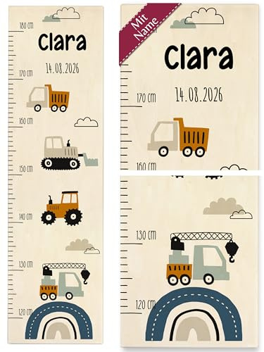 Messlatte Kind Holz - Bagger - Kindermesslatte Baustelle Babaymesslatte Baustellenfahrzeuge I Kran I LKW I Traktor - 120-180 cm - Holz - messlatten für baby- & kleinkinderzimmer kinder baustellen