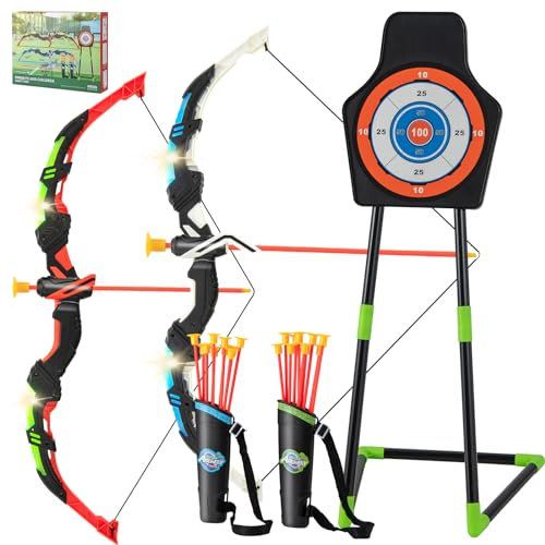 HOMASIS 2er Bogen und Pfeil Kinder, Bogenschießen Set mit 2 Bogen, 20 Pfeilen, 2 Köchern & Zielscheibe, Kinderbogen mit LED Blitzlichtern, Spielzeugbogen für Innen & Outdoor, ab 3 Jahren