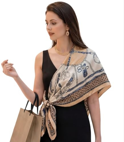 LA FERANI Damen Seidentuch beige weiß klassisch Stil Halstuch Seide formelle Anlässe Banana Umschlagtuch leicht 90x90cm Geschenk für Sie (Model 19)