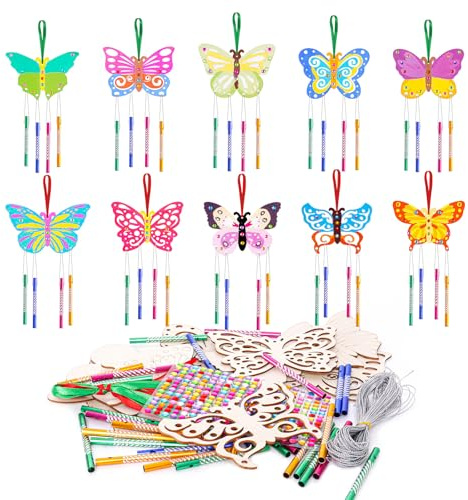 Werownsgso 10tlg Schmetterling Stil Handwerk Set, Schmetterling Holz Handwerk Set, DIY Windspiel Bastelse Set mit 40 Windspiele，Geschenke für Geburtstag Frühling Gekritzel Gartende