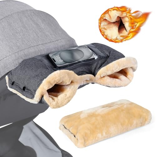 Orzbow Kinderwagen Handwärmer, Warm Kinderwagen Handschuhe mit Lammfellimitat, Stabil Handmuff für Kinderwagen mit Handyfach, Wetterfester Stoff, Extremer Komfort, Dunkelgrau