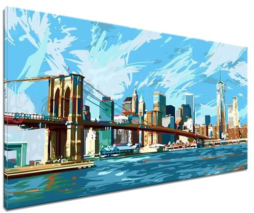 Malen Nach Zahlen Erwachsene New York, DIY Handgemalt Ölgemälde Leinwand Kits, DIY Set Erwachsene Anfänger Paint by Numbers Malen Nach Zahlen Brücke zur Wanddeko Wohnzimmer, Kein Rahmen (60x80cm) F-4