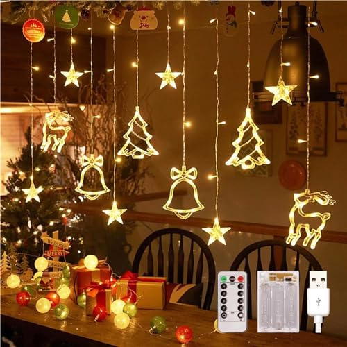 OVOISSTIY Cortina de Luces Navidad, 3.5M Guirnaldas Luminosas Estrellas 8 Modos a USB/Bateria IP44, Luces de Cortina Estrella Interior Exterior, Luces de Cadena Decorativas para Ventana, Balcón
