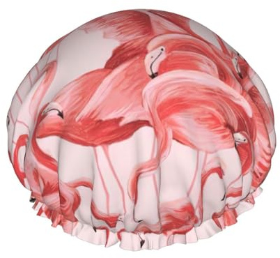 Wiederverwendbare Doppelschicht-Duschhaube, Flamingo-Druck, große Duschhaube, große Duschhauben