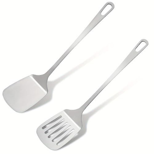 Pfannenwender Edelstahl, Silberner Spatel Set, Solider Pfannenwender Metall, Spülmaschinenfest, Antihaft-Kochgeschirr, leicht zu reinigen, Hitzebeständig, Küchenspatel für Fisch, Eier, Pfannkuchen