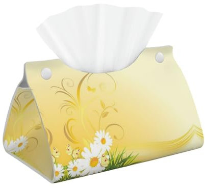 Curvatura fiori di camomilla volanti stampa farfalle volanti copertura pieghevole scatola di fazzoletti, elegante piano di lavoro e comodino decorazione per una facile conservazione