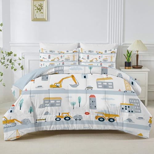Linfye Gray Construction Single Duvet, Reversible Coverless Diggers Boy Duvet Single, Anti Allergy Bed Quilt 7.5 Tog for All Seasons - 1 Soft Washable Comforter Bedding with 2 Pillowcases - B77