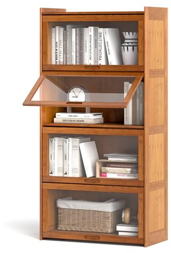 GIANTEX Estantería de Libros de Bambú 4 Niveles, Armario de Almacenamiento con Puertas Abatibles de Acrílico Transparente, 69 x 34 x 140 cm, Mueble Auxiliar para Salón, Cocina, Dormitorio (Marrón)