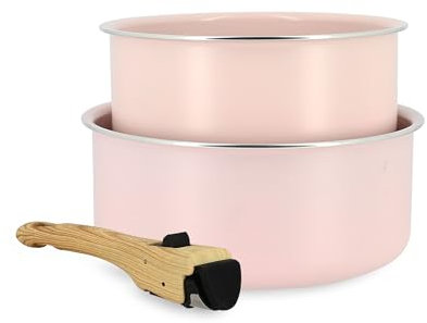 MENASTYL - Lot de 2 Casseroles Amovibles Empilables 16 et 18 cm - Tous Feux Dont Induction - Revêtement Céramique Antiadhésif sans PFAS - Gamme Colorama - Couleur Rose - 98% Aluminium Recyclé