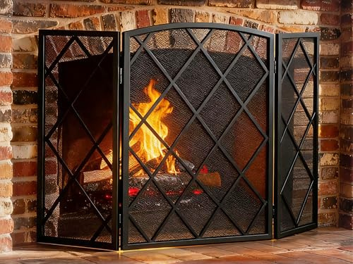 FEED GARDEN 3 Panel Fireplace Screen 48 W x 29 H Modern Foldable with Wrought Metal Decorative Mesh, Black