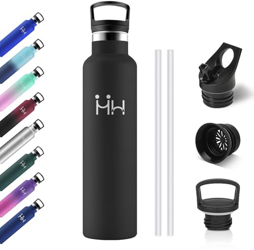 Botella Agua Acero Inoxidable 1L, Botella Termica con Pajita, Cantimplora Termo con Doble Aislamiento, sin BPA, Termo Reutilizable para Escuela, Adultos, Preescolar, Guardería, Oficina, Fitness