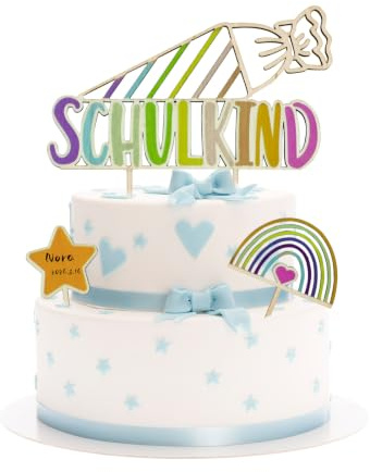 3 Stück Tortendeko Einschulung Holz Farbe kuchen deko Einschulung Schulkind Cake Topper Sterne und Regenbögen Cake Topper Deko Mädchen Junge Kuchendeko Cupcake Topper (A)
