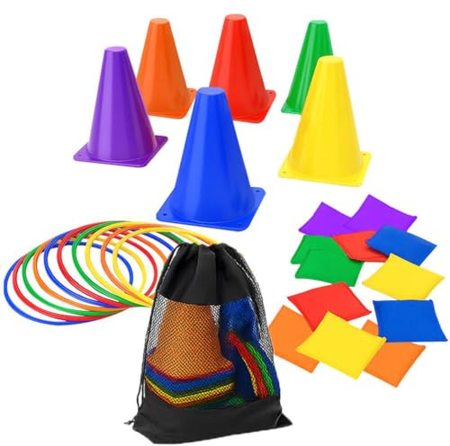 A2Z 4 Kids Sports Activity Set 6 Traffic Cones, 10 Toss Rings 12 Bean Bags & Mesh Bag PE Equipment for Kids Ring Toss Set Obstacle Course Girls Boys Outdoor Games Garden & School Playground Toys