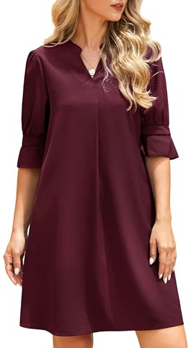 Enmain Vestiti Donna Elegante Casual Abito con Scollo a V e Maniche Corte a Volant da Ufficio Spiaggia Vacanza Bordeaux L